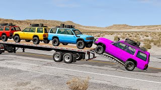 Flatbed Trailer Cars Transportation with Truck  Speedbumps vs Cars vs Train  BeamNGDrive 63 [upl. by Portwine]