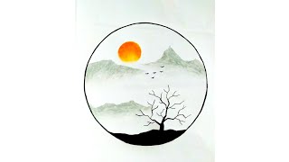 Circular landscape drawing with minimalist elementsPencil sunset scenery drawing [upl. by Stephenie106]