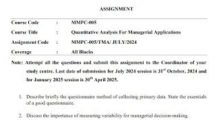 IGNOU MMPC005 Solved Assignment July 2024 Jan 2025  Quantitative Analysis for Managerial Applicati [upl. by Eenerb825]