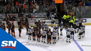 Jay Bouwmeester Collapses On Bench Resulting in Cancellation Of Blues vs Ducks [upl. by Xylon]