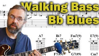 Walking Bass and Chords  Bb Blues  Jazz Guitar Lesson [upl. by Atsira437]