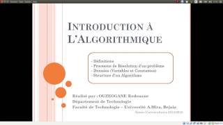 Cours 01  Introduction à lAlgorithmique [upl. by Anaillil]