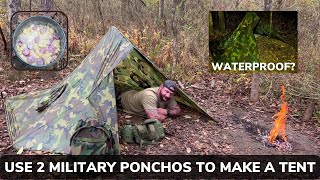 Solo Overnight Using Two Military Ponchos To Make a Tarp Tent in the Rain and Kielbasa Pasta [upl. by Ikkim]