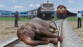 Giant Elephant vs three trains on risky railway crossing  Stops the train  BeamNGDrive [upl. by Elletnuahc]