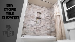 DIY Tile Shower Tub Insert to Stone Tile Wall Shower [upl. by Aiuqat346]