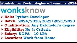 🔥Wonksknow Technologies is hiring 202423222120 batch  WFH  No  criteria itjobs [upl. by Aiclef158]