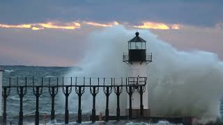 Huge Waves Slam Lighthouse in Michigan [upl. by Hteazile]