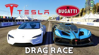 BUGATTI BOLIDE VS TESLA ROADSTER DRAG RACE  Assetto Corsa [upl. by Naruq]