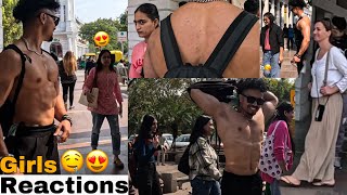 😍Delhi Cute Girls Reactions😘Shirtless In Public  Foreigners Girls impressing💪 Fitness Master Deepak [upl. by Wylma]