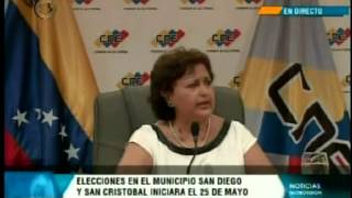 Tibisay Lucena anuncia para el 25052014 elecciones para alcaldes en San Diego y San Cristóbal [upl. by Akela]