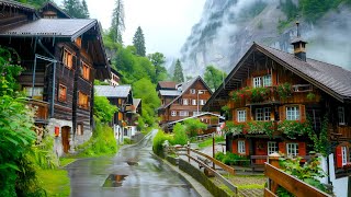 Relaxing walk on a rainy day in Mürren Switzerland 🇨🇭 Swiss village 4K [upl. by Liddie]