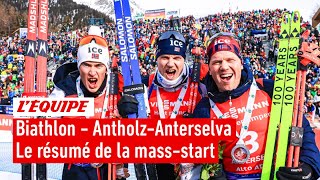 Biathlon 202324  Christiansen triomphe sur la massstart Fillon Maillet quatrième [upl. by Ayotyal198]