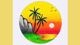 Scenery Drawing  How To Draw Sunset In Beach Scenery With Oil Pastel [upl. by Engelhart]