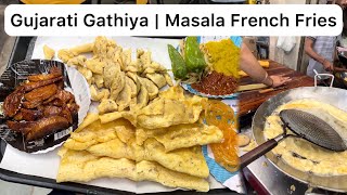 Saurashtra Famous Soft Gujarati Gathiya in Ahmedabad  Masala French Fries  Indian Street Food Tour [upl. by Nylessej]