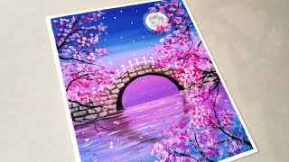 Beautiful Moonlight Cherry Blossom Bridge Scenery Painting for Beginners Easy Acrylic Painting [upl. by Natsud]