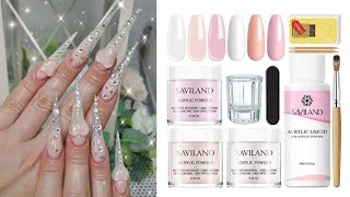 Milky White Glitter Glass Heart Bling Acrylic Nails Using New Saviland Acrylic Powder Kit 🤔 [upl. by Theta329]